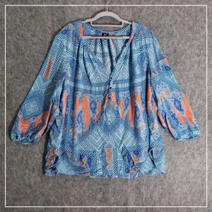 Lee Blouse Women 3X Blue Orange Paisley Geometric Henley 3/4 Sleeve Boho